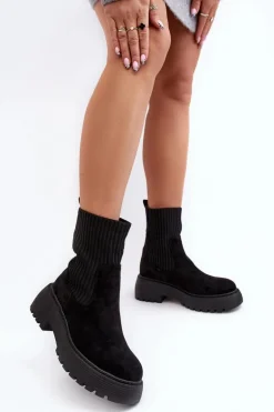 Zamszowe Botki Ze Skarpetą Na Platformie I Płaskim Obcasie Czarne Rewam