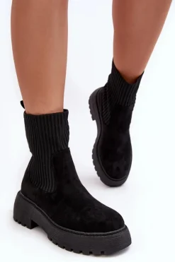 Zamszowe Botki Ze Skarpetą Na Platformie I Płaskim Obcasie Czarne Rewam