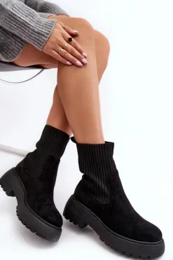 Zamszowe Botki Ze Skarpetą Na Platformie I Płaskim Obcasie Czarne Rewam