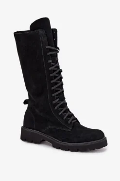 Zamszowe Botki Ze Sznurowaniem Do Połowy Łydki Zazoo 3103 Czarne