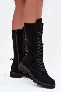 Zamszowe Botki Ze Sznurowaniem Do Połowy Łydki Zazoo 3103 Czarne