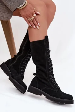 Zamszowe Botki Ze Sznurowaniem Do Połowy Łydki Zazoo 3103 Czarne