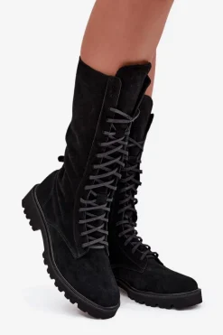 Zamszowe Botki Ze Sznurowaniem Do Połowy Łydki Zazoo 3103 Czarne