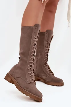 Zamszowe Botki Ze Sznurowaniem Do Połowy Łydki Zazoo 3103 Ciemnobeżowe