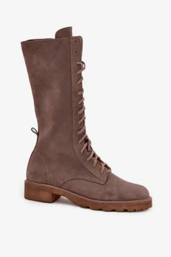Zamszowe Botki Ze Sznurowaniem Do Połowy Łydki Zazoo 3103 Ciemnobeżowe