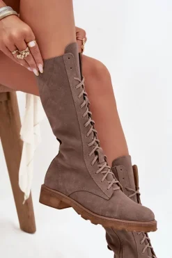 Zamszowe Botki Ze Sznurowaniem Do Połowy Łydki Zazoo 3103 Ciemnobeżowe