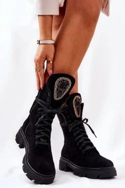 Zamszowe Botki Ze Zdobieniem Czarne Elaina