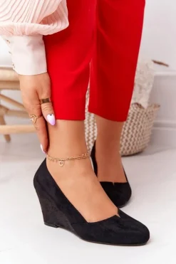 Zamszowe Czółenka Na Koturnie Sergio Leone PB767 Czarne