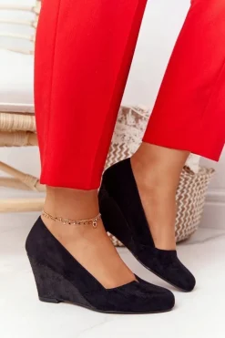 Zamszowe Czółenka Na Koturnie Sergio Leone PB767 Czarne