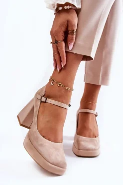 Zamszowe Czółenka Na Masywnym Obcasie Beżowe Tina