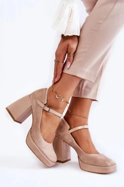 Zamszowe Czółenka Na Masywnym Obcasie Beżowe Tina