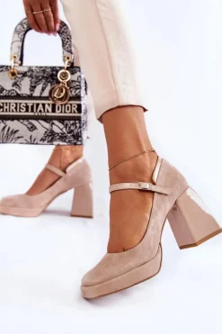 Zamszowe Czółenka Na Masywnym Obcasie Beżowe Tina