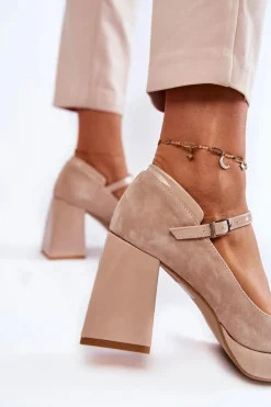 Zamszowe Czółenka Na Masywnym Obcasie Beżowe Tina