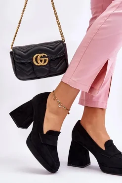 Zamszowe Czółenka Na Masywnym Obcasie I Platformie Czarne Adriel