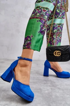 Zamszowe Czółenka Na Masywnym Obcasie I Platformie Niebieskie Diame