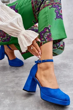 Zamszowe Czółenka Na Masywnym Obcasie I Platformie Niebieskie Diame