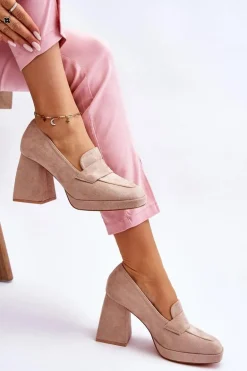 Zamszowe Czółenka Na Masywnym Obcasie I Platformie Beżowe Adriel