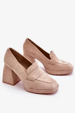 Zamszowe Czółenka Na Masywnym Obcasie I Platformie Beżowe Adriel