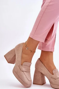 Zamszowe Czółenka Na Masywnym Obcasie I Platformie Beżowe Adriel