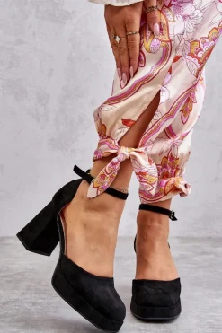 Zamszowe Czółenka Na Masywnym Obcasie I Platformie Czarne Diame