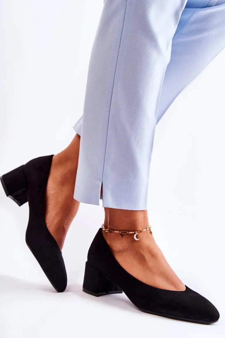 Zamszowe Czółenka Na Niskim Słupku Czarne Torino