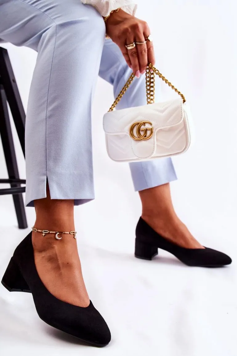 Zamszowe Czółenka Na Niskim Słupku Czarne Torino