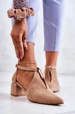 Zamszowe Czółenka Na Obcasie Laura Messi 2309 Jasnobeżowe