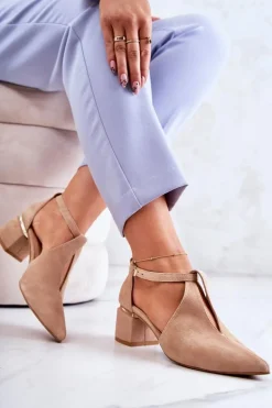 Zamszowe Czółenka Na Obcasie Laura Messi 2309 Jasnobeżowe