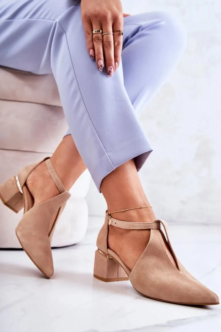 Zamszowe Czółenka Na Obcasie Laura Messi 2309 Jasnobeżowe