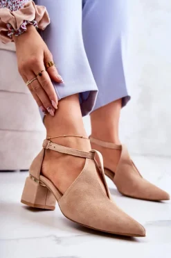 Zamszowe Czółenka Na Obcasie Laura Messi 2309 Jasnobeżowe