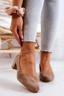 Zamszowe Czółenka Na Słupku Sergio Leone PB291 Beżowe