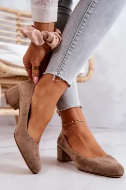 Zamszowe Czółenka Na Słupku Sergio Leone PB291 Beżowe