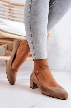 Zamszowe Czółenka Na Słupku Sergio Leone PB291 Beżowe