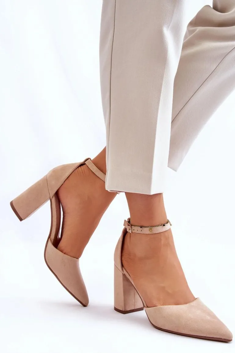 Zamszowe Czółenka Na Słupku Beżowe Lexie