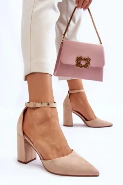 Zamszowe Czółenka Na Słupku Beżowe Lexie