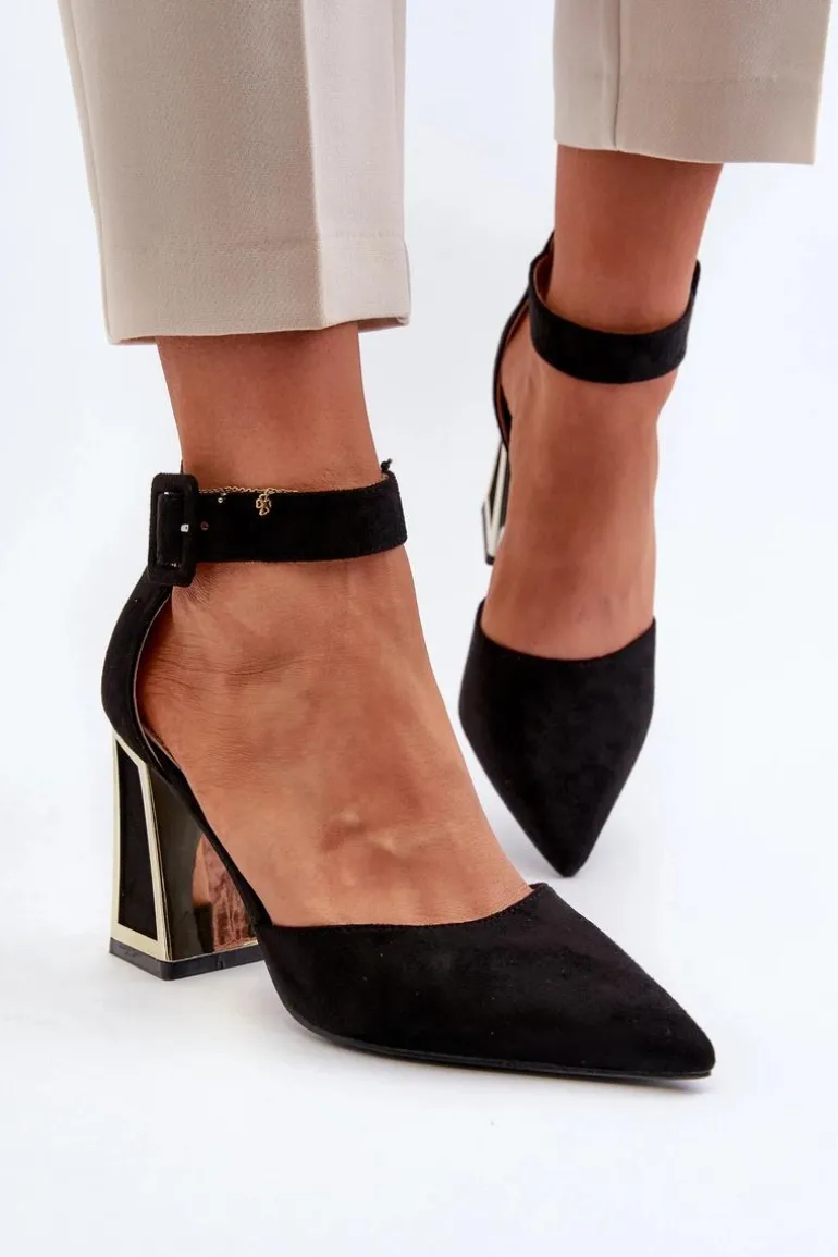 Zamszowe Czółenka Na Słupku Czarne Lodho