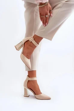 Zamszowe Czółenka Na Słupku Beżowe Lodho