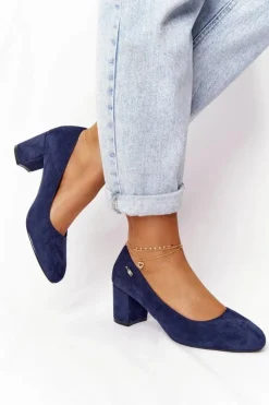 Zamszowe Czółenka Na Słupku Sergio Leone PB178 Granatowe