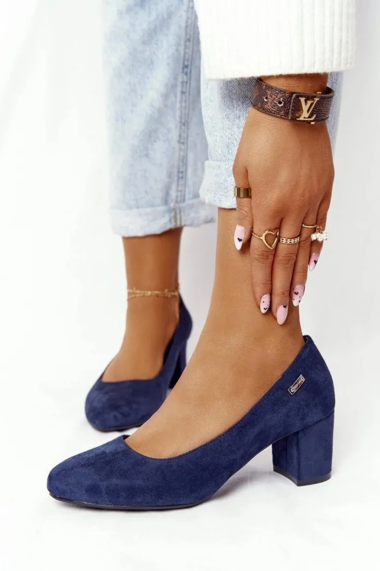 Zamszowe Czółenka Na Słupku Sergio Leone PB178 Granatowe