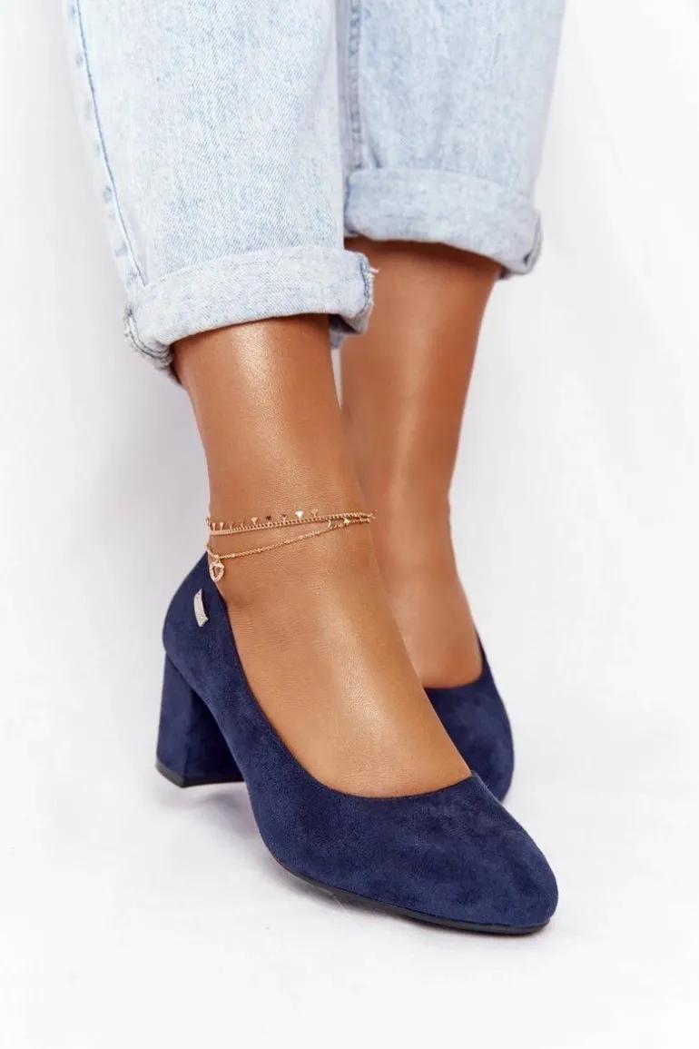 Zamszowe Czółenka Na Słupku Sergio Leone PB178 Granatowe