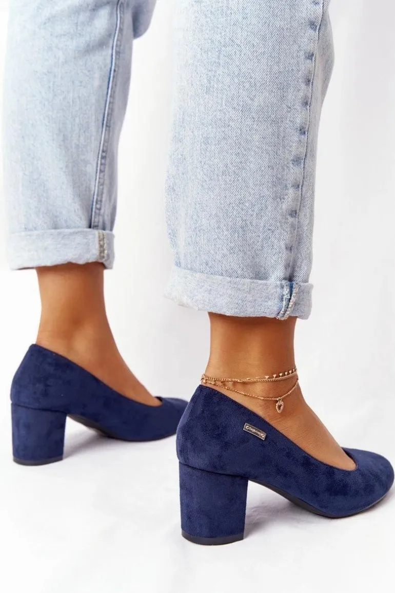 Zamszowe Czółenka Na Słupku Sergio Leone PB178 Granatowe