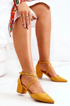 Zamszowe Czółenka Na Słupku W Szpic Żółte Shelley