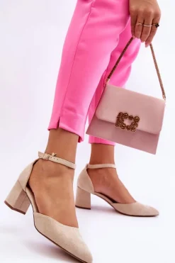 Zamszowe Czółenka Na Słupku Beżowe Promise