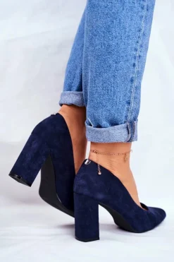 Zamszowe Czółenka Na Słupku Sergio Leone PB216 Granatowe