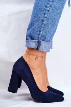 Zamszowe Czółenka Na Słupku Sergio Leone PB216 Granatowe