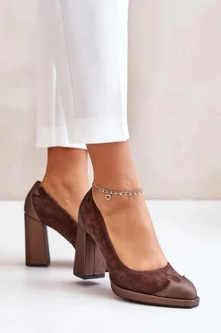 Zamszowe Czółenka Na Słupku Laura Messi 2702 Brązowe