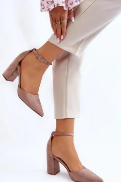 Zamszowe Czółenka Na Słupku Ciemnobeżowe Lexie