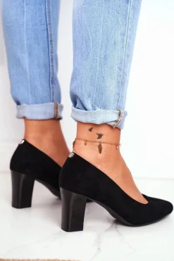 Zamszowe Czółenka Na Słupku Sergio Leone PB403 Czarne