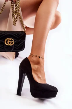 Zamszowe Czółenka Na Wysokim Obcasie Czarne Santene