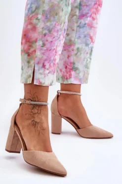 Zamszowe Czółenka Z Cyrkoniami Ciemnobeżowe Diamond